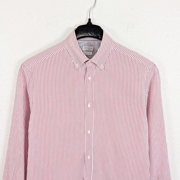 Brunello Cucinelli Button Down Shirt Oxford cotton Large Red White stripe - Picture 2 of 9
